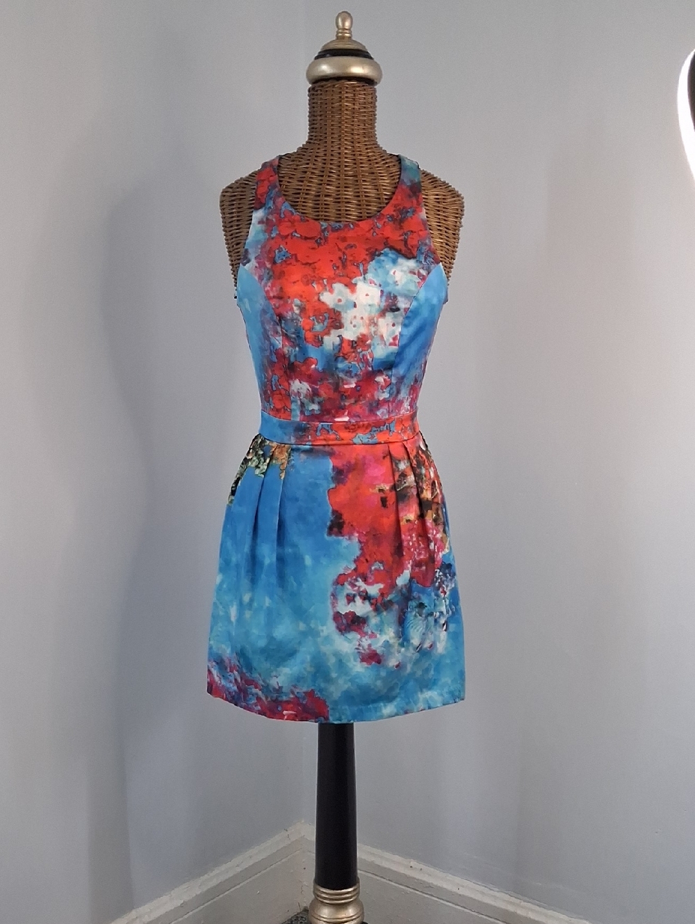 Abstract Floral Blue and Red Sleeveless Dress